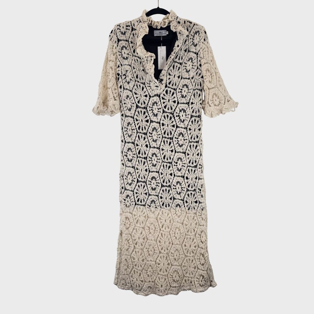 Never A Wallflower Midi Dress Beige Crochet Ruffle V Neck Overlay 3/4 Sleeve XS